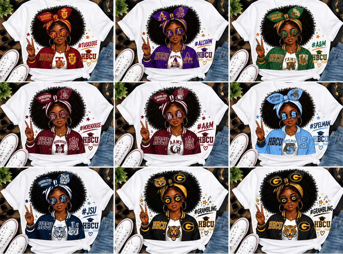 All nine HBCU designs on T-shirt mockups; transfers only