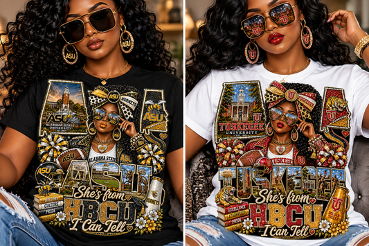 Design 1 ASU and Design 2 Tuskegee displayed on T-shirts; transfers only, shirts not included.