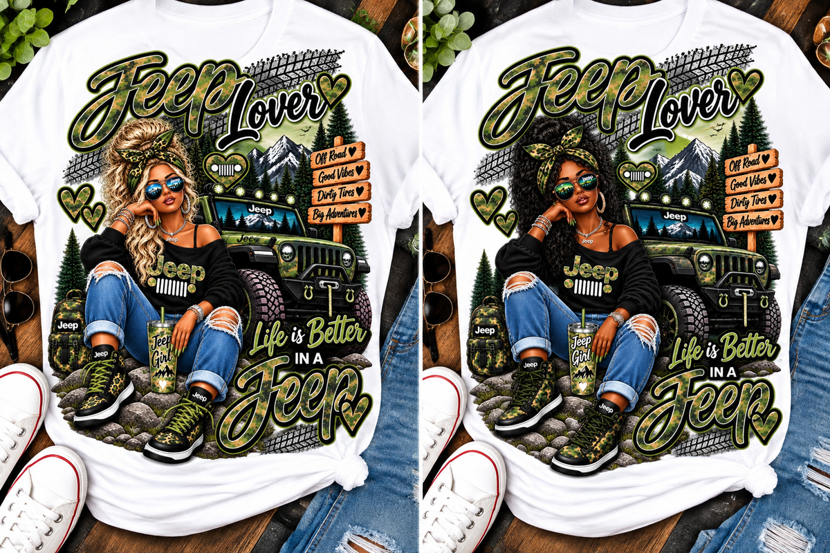Jeep Girl designs 1 and 2 on shirts, DTF transfers only
